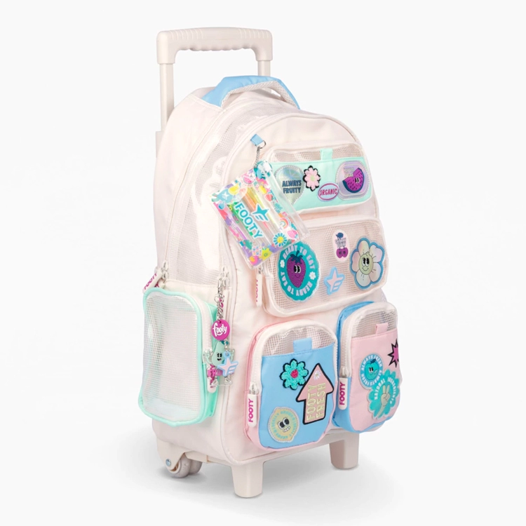 Mochila Escolar Footy 2026 Wonder Pockets Beige con Carro 18" Art.F26331